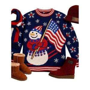 Ugly Christmas Sweater Snowman USA Flag Knit Pullover Medium Holiday Winter Top